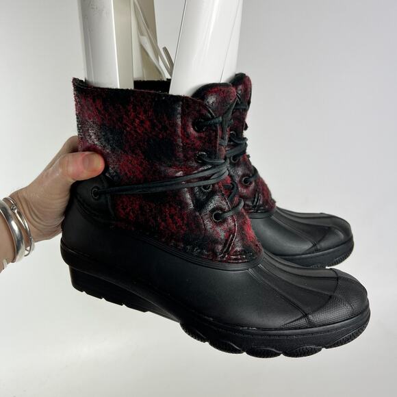 Sperry wedge duck boots women’s 6.5 black red Buffalo check fall slip on secret - Picture 10 of 11